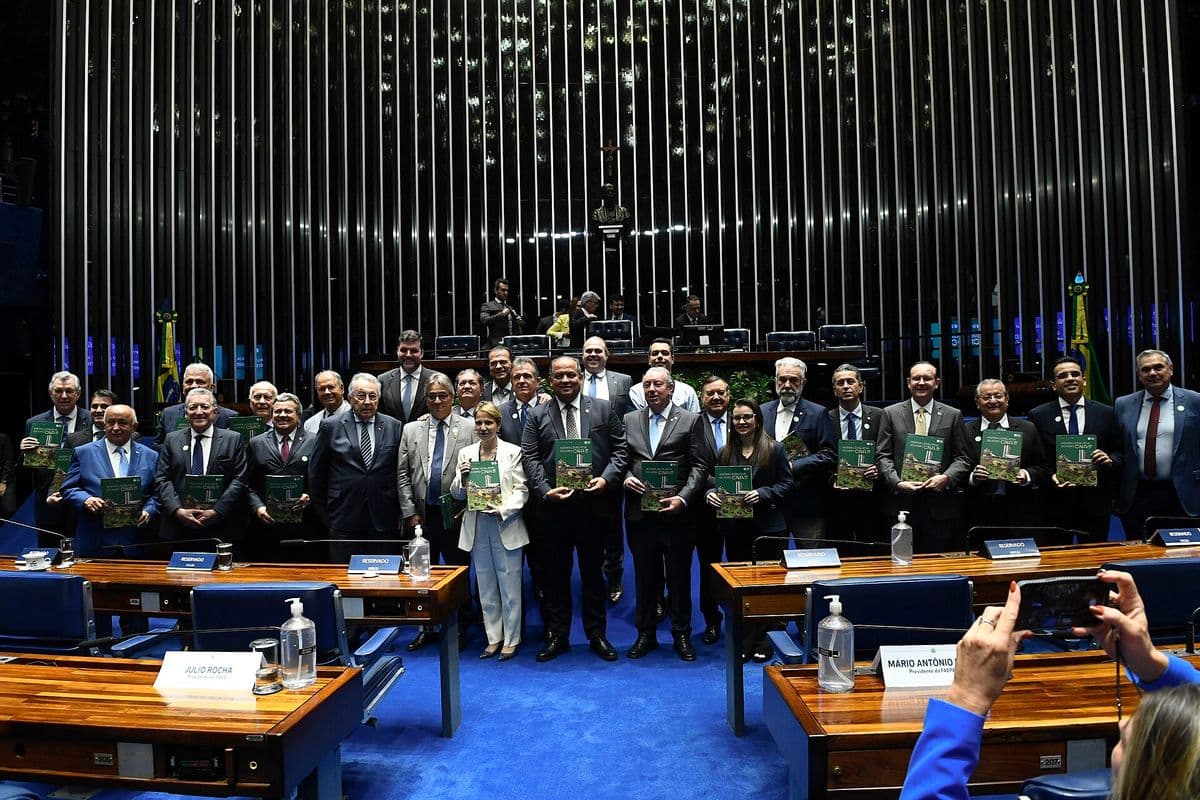 Cerca de 30 parlamentares e dirigentes, em trajes sociais, posam em fileiras no plenário segurando exemplares de capa verde de um documento; ao fundo, painel prateado de lâminas verticais e a mesa diretora.