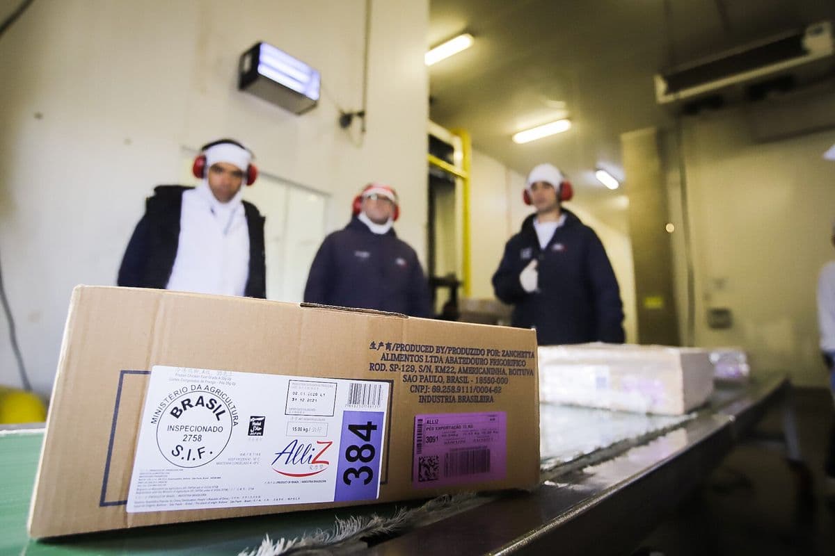 Caixa de papelão de frango congelado com selo do Serviço de Inspeção Federal do Ministério da Agricultura sobre uma esteira de frigorífico; ao fundo, três funcionários de uniforme térmico e protetor auricular.