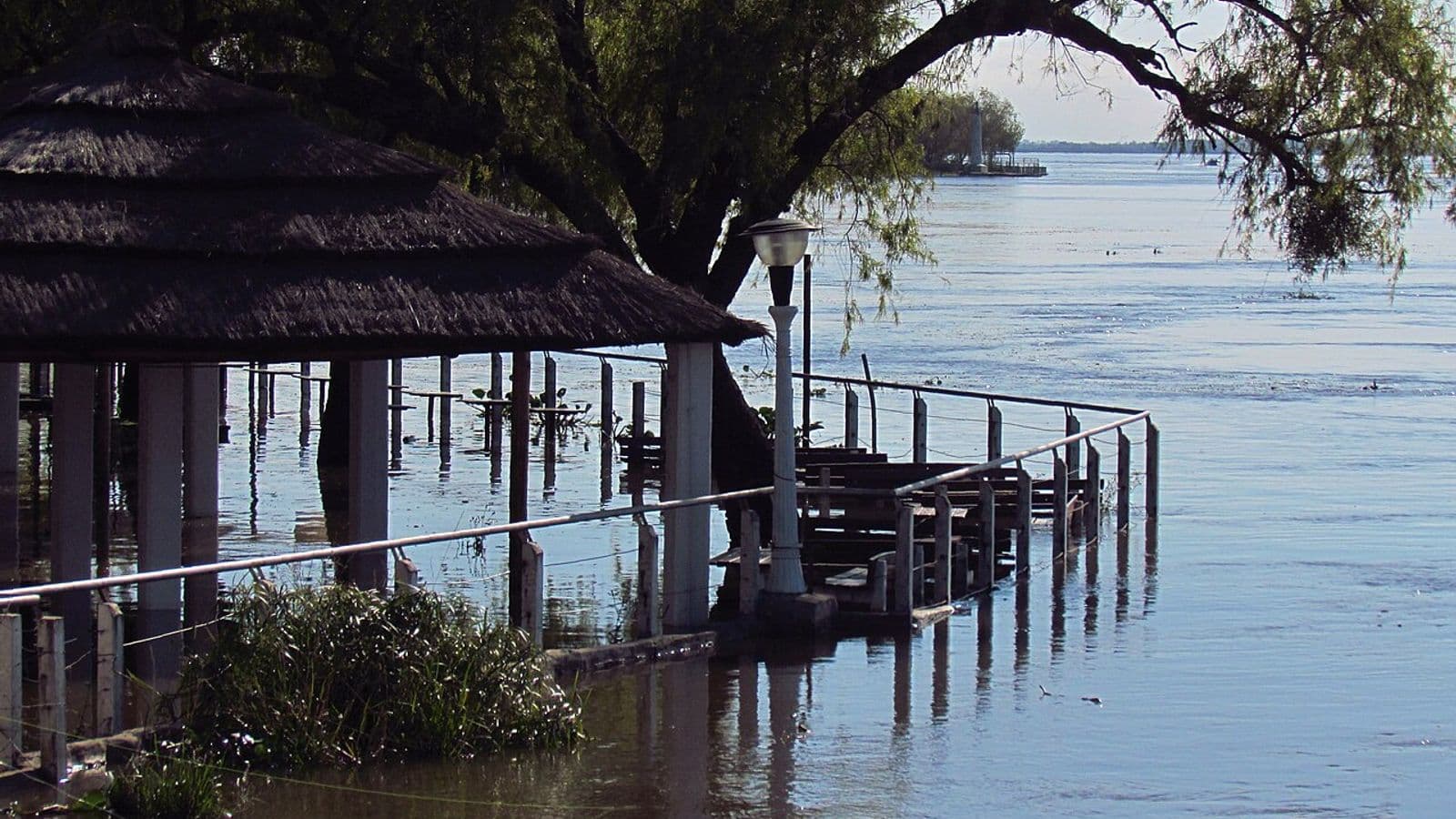 Quiosque de telhado de palha e passarela com corrimão parcialmente submersos às margens de um rio largo, sob uma árvore