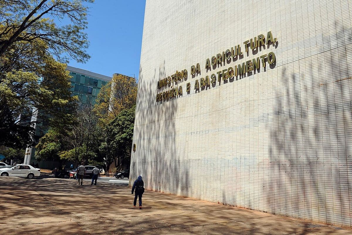 Fachada branca de prédio da Esplanada dos Ministérios com letreiro dourado 'Ministério da Agricultura, Pecuária e Abastecimento', árvores e pedestres