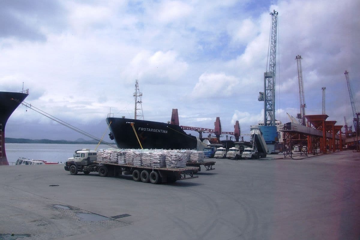 Carreta carregada de sacas brancas no cais do porto, ao lado de um navio preto chamado Frotargentina e de guindastes