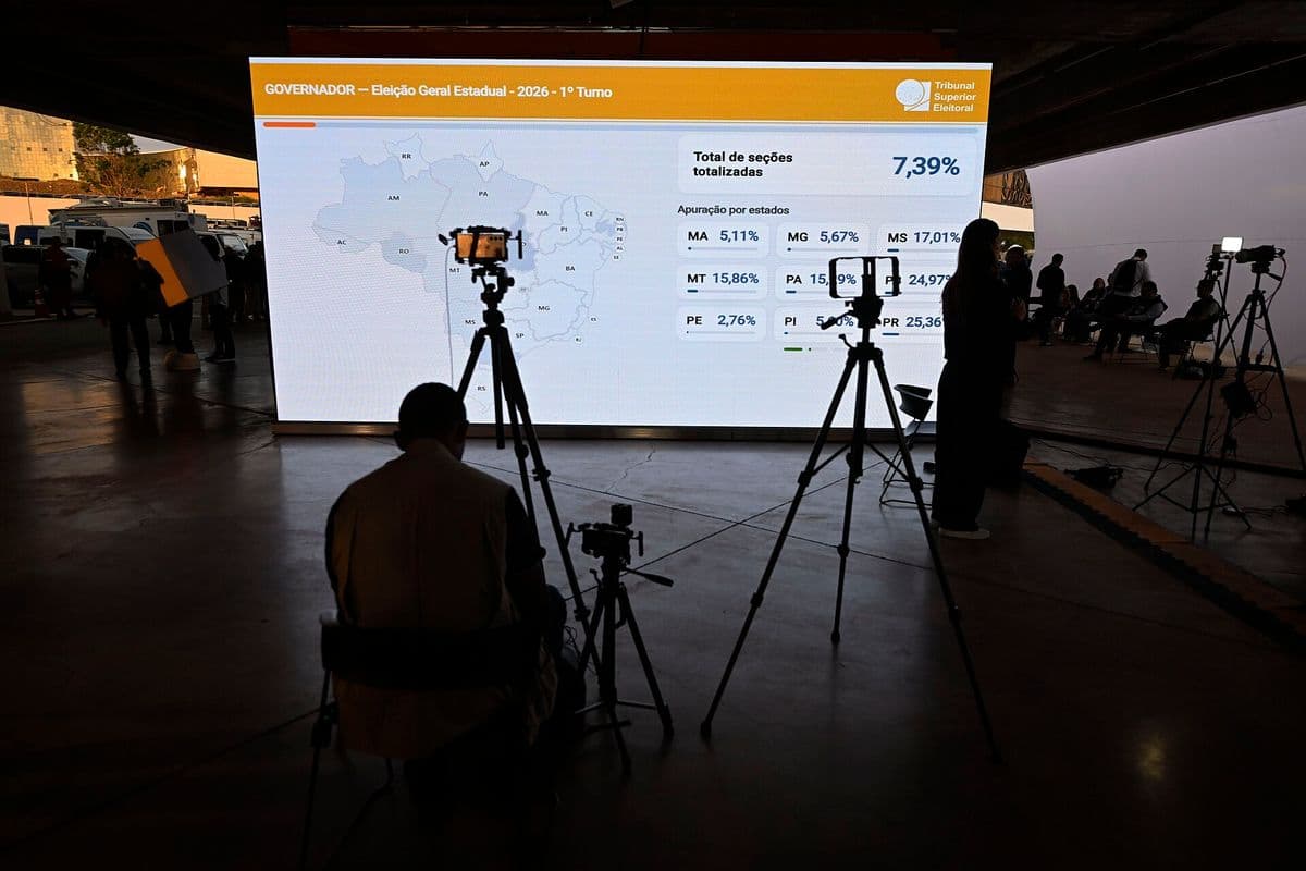 Painel eletrônico do TSE com mapa do Brasil e percentuais de seções apuradas por estado; em primeiro plano, um homem sentado de costas e tripés com celulares e câmeras
